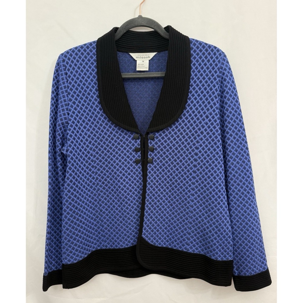 Misook Blue Black Cardigan Jacket Semi Sheer Acrylic‎ Womens Size M